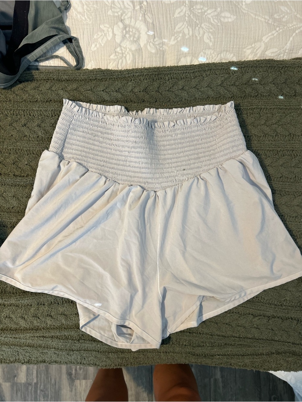 aerie High-Waist Smocked Light Cream Shorts